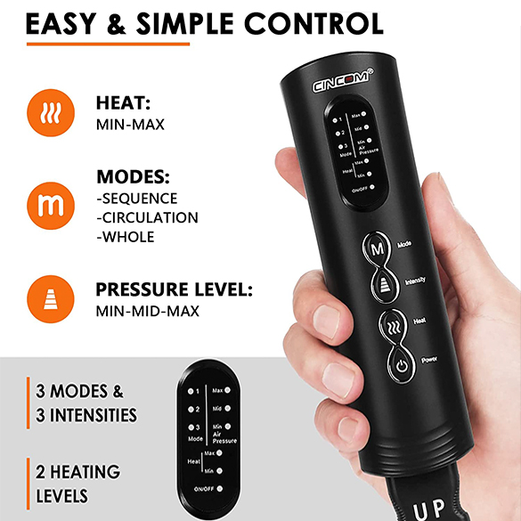 CINCOM Leg Massager for Circulation with Heat, Foot Calf and Thigh Air Compression Leg Compression Massager with 3 Modes 3 Intensities and 2 Heating Levels, for Pain Relief, Edema, RLS, Gift Choice
